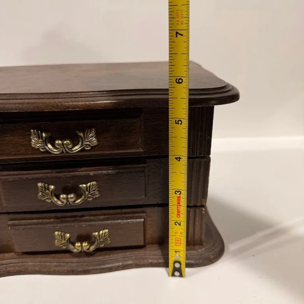 Vintage Wooden Jewelry Box 3 Drawer Chest Dark Brown Ornate Brass Hardware